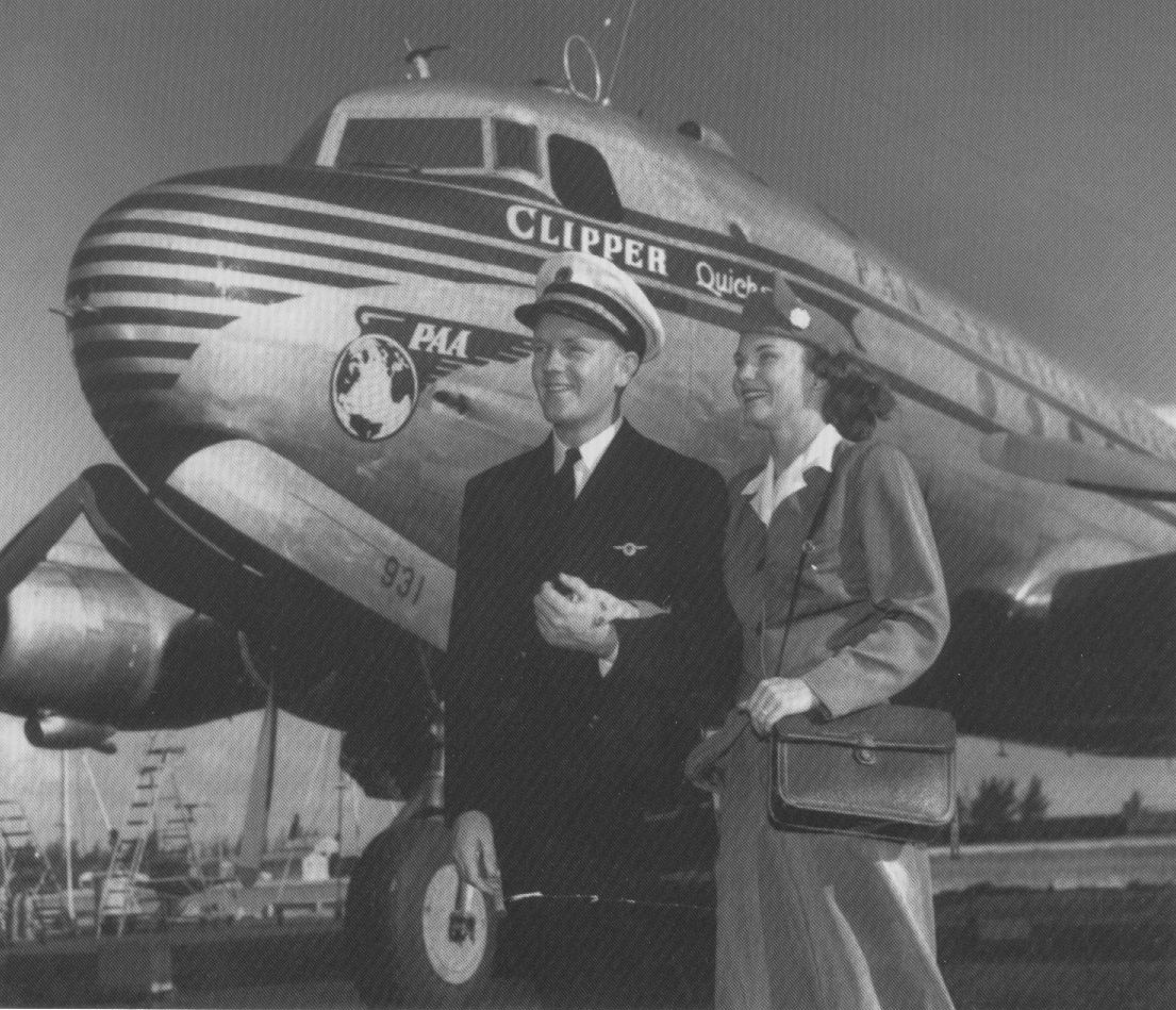 1948 Captain Conrad & Stewardess who were soon to become husband & wife pose by the nose of a Pan Am DC 4.  During that era getting married would have marked the end of the flying career of a stewardess - even if she did marry a captain.
